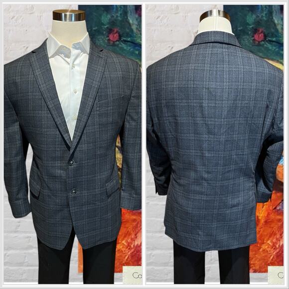 Calvin Klein Mens 48R Blue Gray Plaid Casual Blazer Sport Coat Jacket - Picture 6 of 16